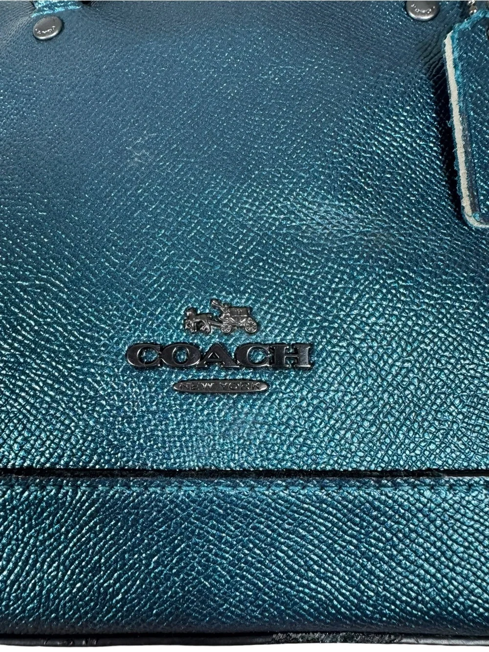 Coach Sierra Saffiano Y2K Leather Satchel Metallic Teal Blue 2017 Statement